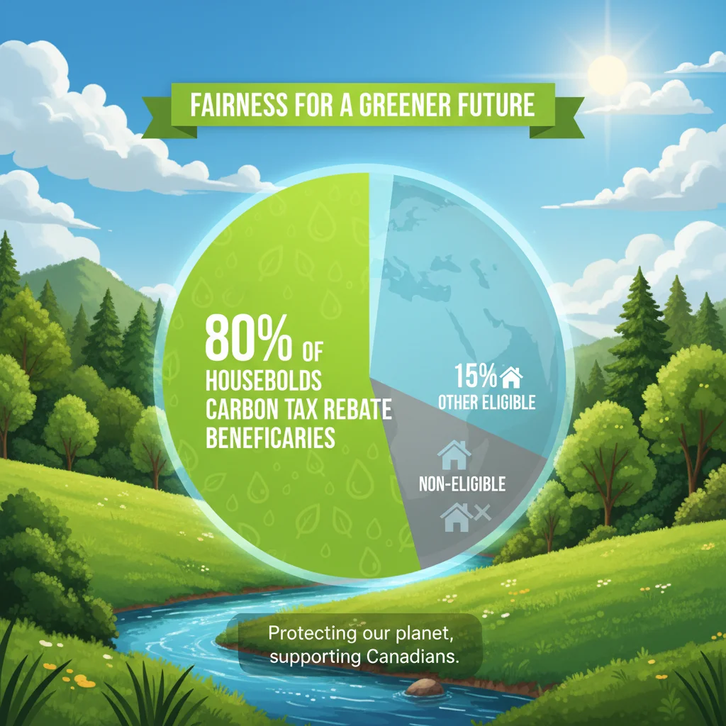Infographic showing 80% of households benefiting from carbon tax rebate against a green background.