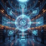 Interconnected digital networks and data streams represent AI integration in university disciplines.