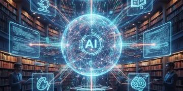 Interconnected digital networks and data streams represent AI integration in university disciplines.