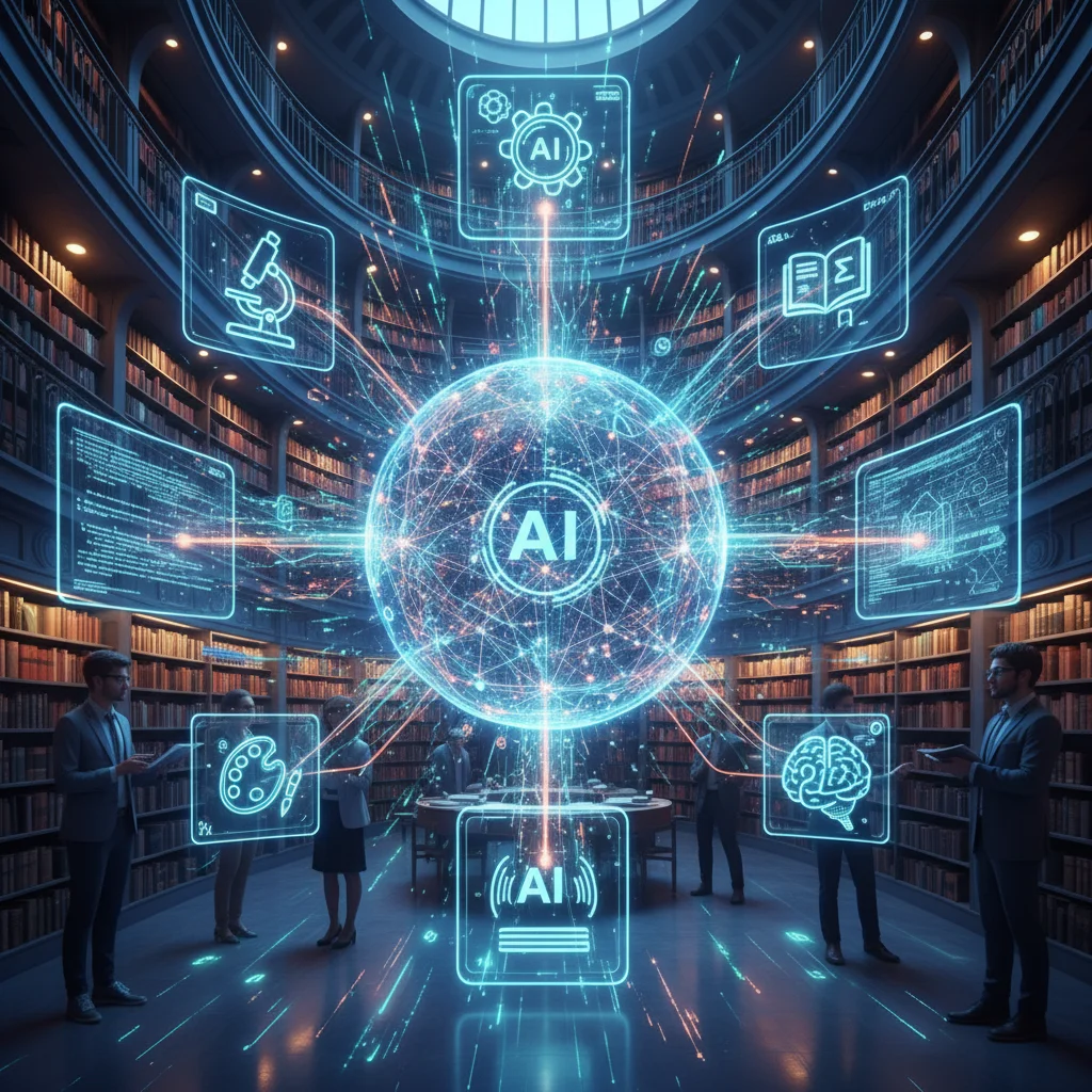 Interconnected digital networks and data streams represent AI integration in university disciplines.