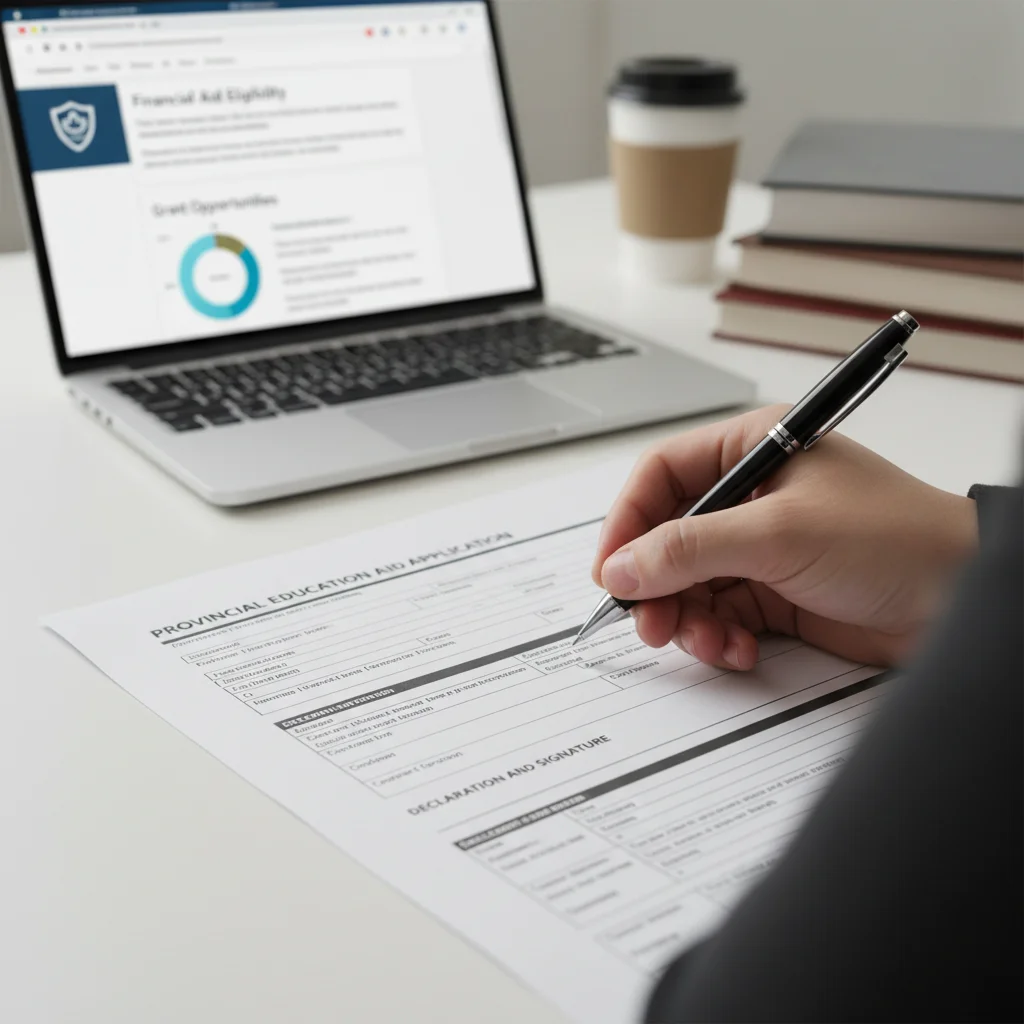 Student applying for provincial education benefits with pen and form.