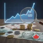 Bank of Canada's 0.25% Interest Rate Adjustment Explained Canadian dollar bills with an upward trending financial graph and magnifying glass, symbolizing a 0.25% interest rate increase.