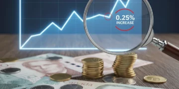 Canadian dollar bills with an upward trending financial graph and magnifying glass, symbolizing a 0.25% interest rate increase.