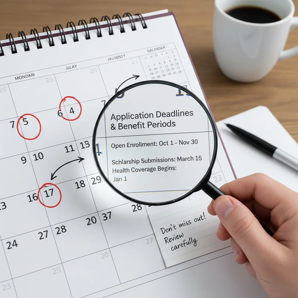 Calendar with circled dates and magnifying glass, highlighting important deadlines for benefits.