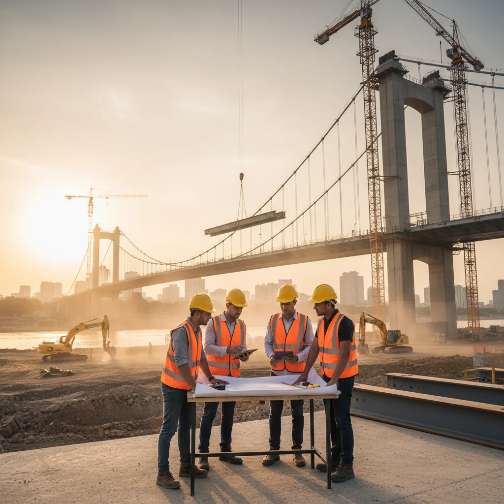 Construction workers building a bridge, symbolizing active infrastructure development
