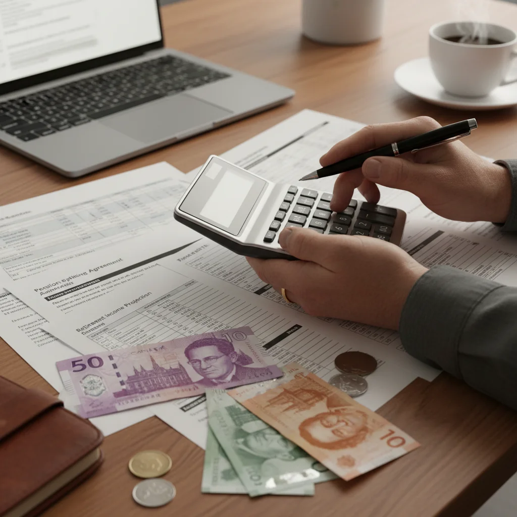 Hands using a calculator on Canadian financial documents for pension splitting.