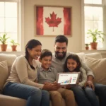 Happy Canadian family reviewing Canada Child Benefit information on a tablet.