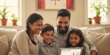 Happy Canadian family reviewing Canada Child Benefit information on a tablet.