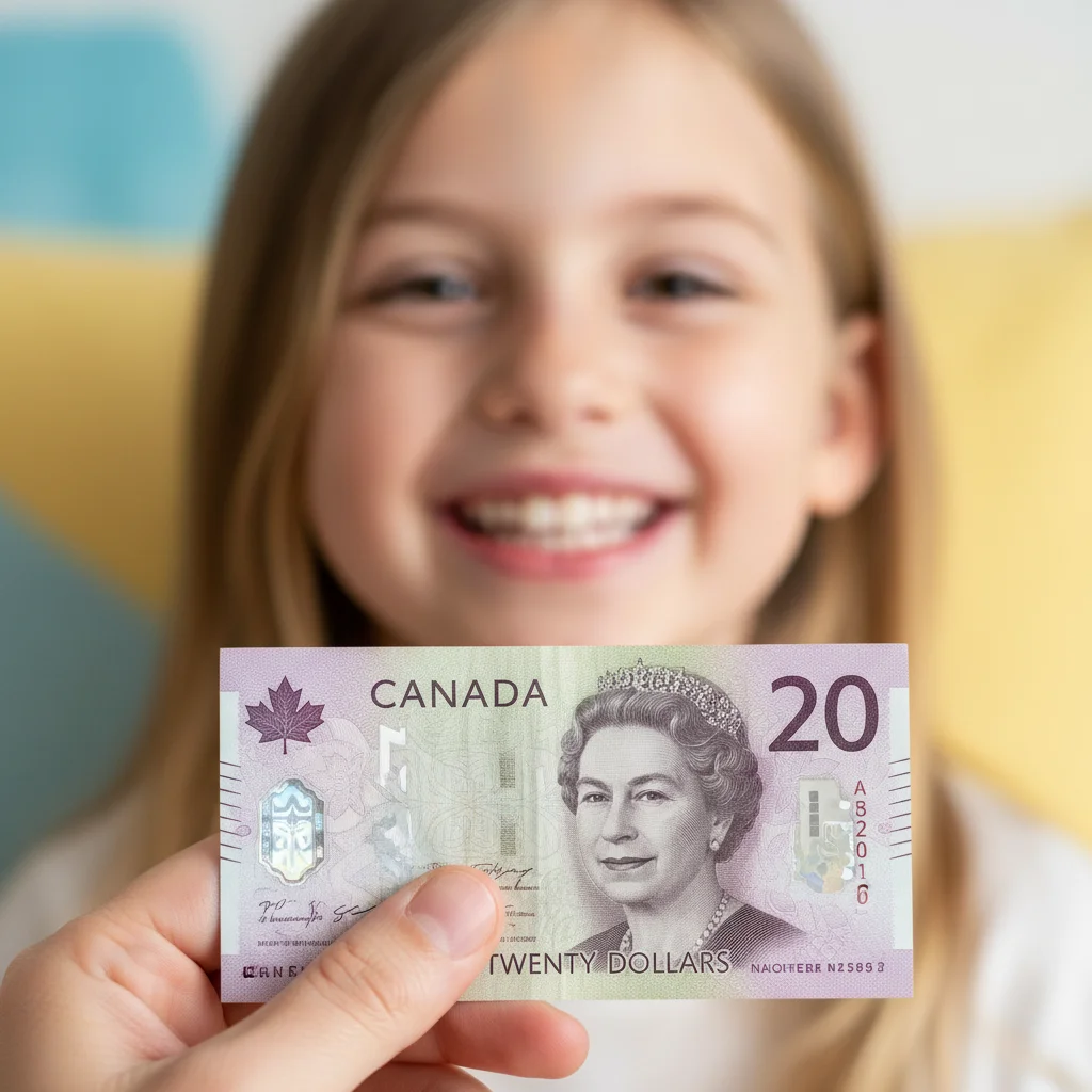 Close-up of Canadian twenty-dollar bill with a child's smiling face in the background, symbolizing the Canada Dental Benefit payment.