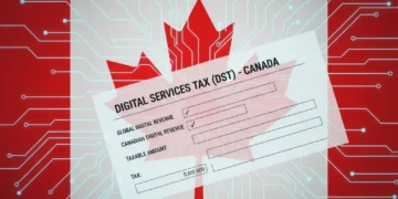 Canadian flag with digital network lines and tax form, representing Canada's new Digital Services Tax.