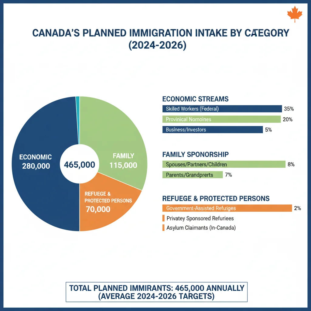 Infographic detailing Canada's immigration categories and targets.