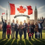 Diverse group of immigrants smiling in front of Canadian landmarks, representing new beginnings.