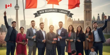 Diverse group of immigrants smiling in front of Canadian landmarks, representing new beginnings.