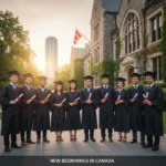 Graduating international students celebrate with Canadian flag, symbolizing PGWP success