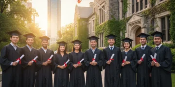 Graduating international students celebrate with Canadian flag, symbolizing PGWP success