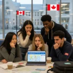 Canadian university students researching housing options on a laptop, showing current market challenges.