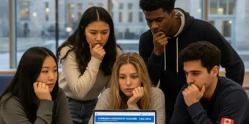 Canadian university students researching housing options on a laptop, showing current market challenges.