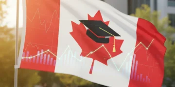 Canadian flag with financial charts and graduation cap, symbolizing Canada Student Loan Changes