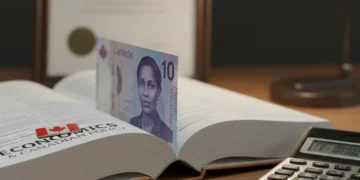 Canadian dollar bill in a textbook, symbolizing investment in training.