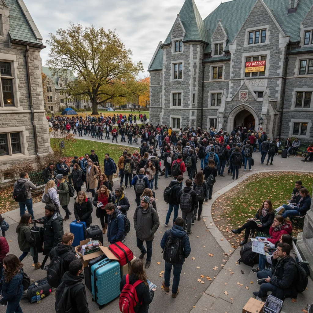 Busy Canadian university campus highlighting high demand for student accommodation.