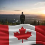 Canadian flag and veteran silhouette symbolizing support and honour