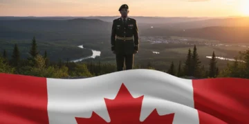 Canadian flag and veteran silhouette symbolizing support and honour