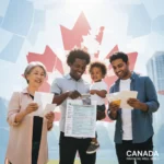 Smiling Canadians reviewing tax documents, symbolizing Canada Workers Benefit.