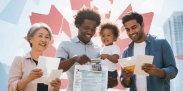 Smiling Canadians reviewing tax documents, symbolizing Canada Workers Benefit.