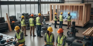 Apprentices collaborating on a project in a modern Canadian workshop, showcasing diverse skilled trades.