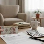 Canadian dollar on mortgage statement, calculator, pen for financial planning