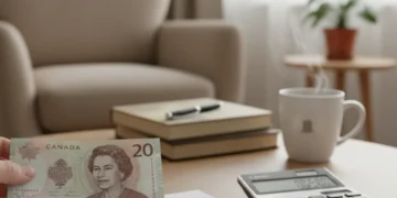 Canadian dollar on mortgage statement, calculator, pen for financial planning