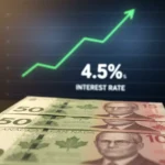 Canadian dollars with a rising interest rate graph showing 4.5% return.