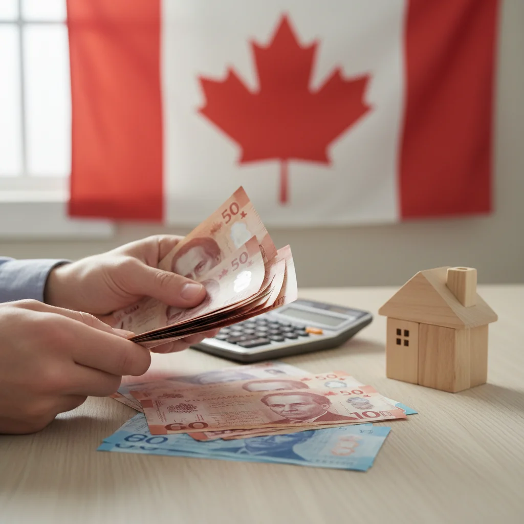 Hands counting Canadian dollars with a Canadian flag, illustrating financial preparation for a home down payment.