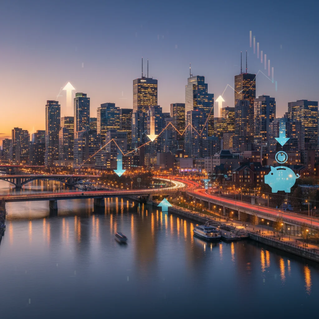Canadian city skyline at dusk, representing the national economy and broader economic impacts of interest rate adjustments.