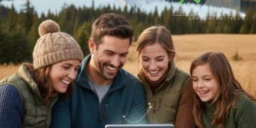 Smiling Canadian family reviewing financial documents related to the Canada Carbon Rebate.