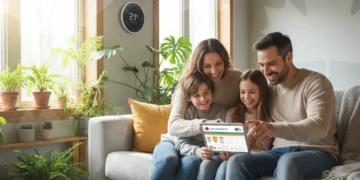 Smiling Canadian family reviewing carbon tax rebate information on a tablet in their home.