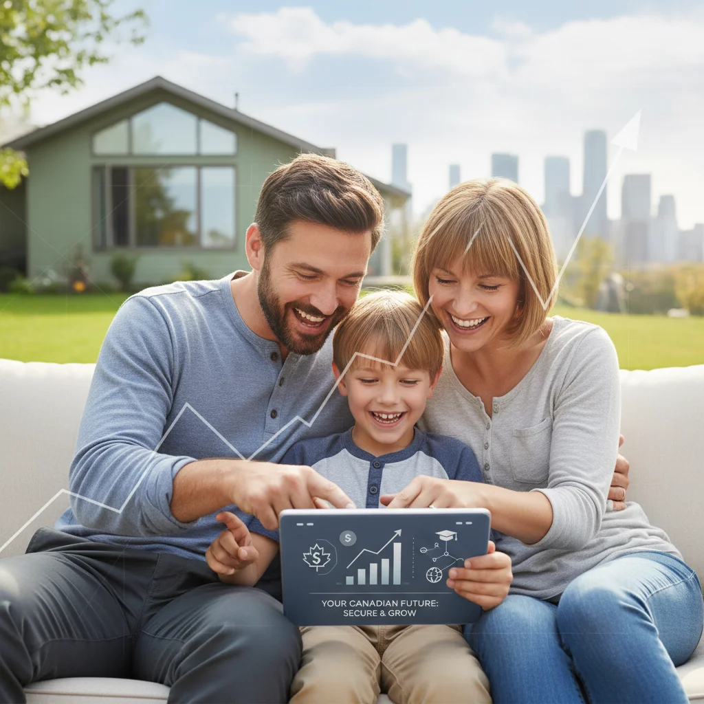 Canadian family looking at tablet, symbolizing financial security and planning for the future.