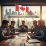 Canadians discussing financial documents, symbolizing the impact of the new federal budget on their financial wellness and economic future.