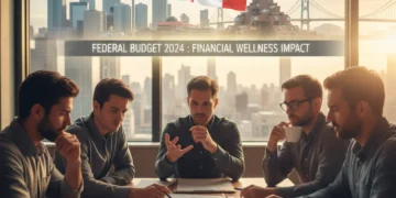 Canadians discussing financial documents, symbolizing the impact of the new federal budget on their financial wellness and economic future.