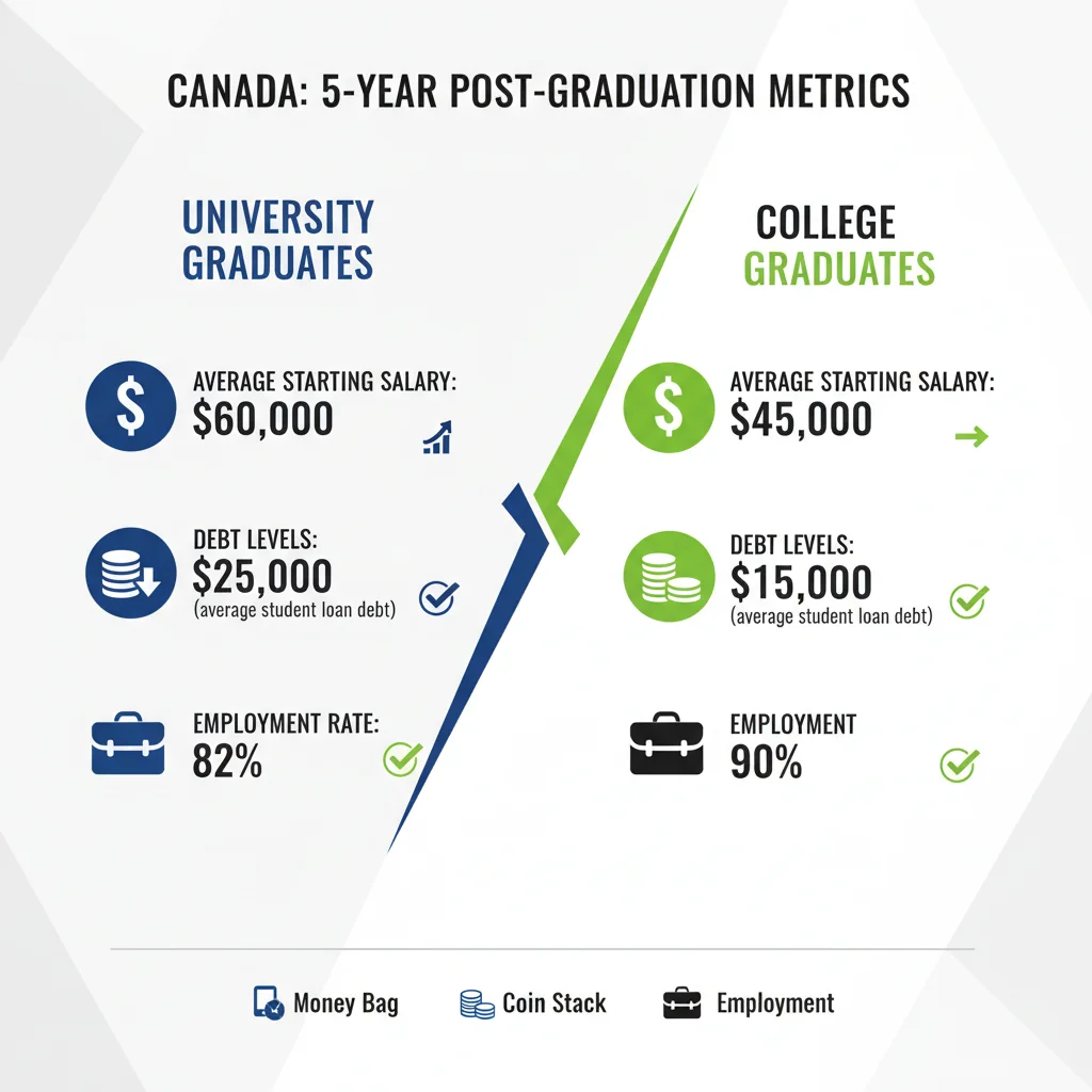Comparison chart of key metrics for Canadian university vs. college graduates