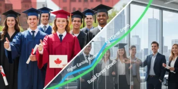 Diverse Canadian graduates celebrating, symbolizing university and college ROI
