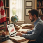 Claim Your Lifelong Learning Tax Credit in Canada Now Person studying on laptop, Canadian tax forms, symbolizing lifelong learning tax credit.