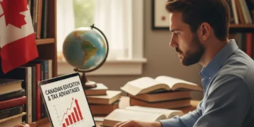 Person studying on laptop, Canadian tax forms, symbolizing lifelong learning tax credit.