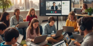 Students learning online in Canada with laptops and tablets, showcasing diverse backgrounds