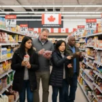 Canadian Retail Prices Up 7%: Supply Chain Impact Explained Shoppers concerned by increased Canadian retail prices in a grocery store.