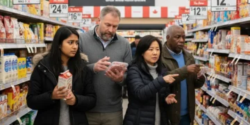 Shoppers concerned by increased Canadian retail prices in a grocery store.