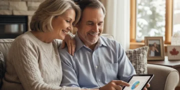 Canadian couple reviewing financial plan to counter retirement inflation.
