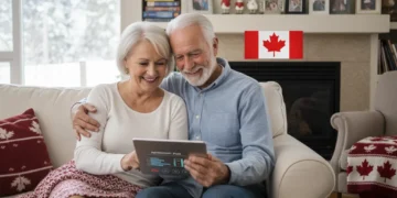 Smiling Canadian senior couple reviewing finances on a tablet, symbolizing successful pension splitting.