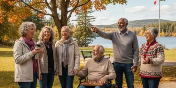 Smiling seniors enjoying retirement in a Canadian park, symbolizing financial security.