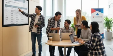 Canadian students discussing co-op internship strategies on campus.